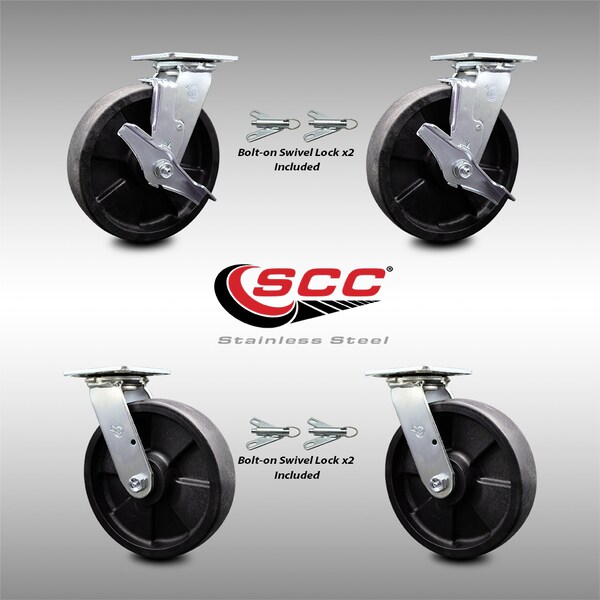 Service Caster 8 Inch SS Glass Filled Nylon Caster Set with Roll Bearings 4 Swivel Lock 2 Brake SCC-SS30S820-GFNR-TLB-BSL-2-BSL-2 - main